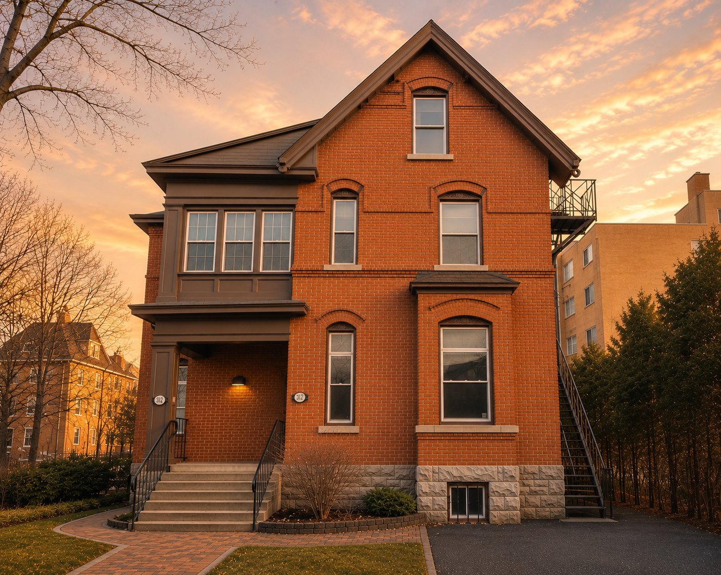 312 Daly heritage building exterior at sunset, Sandy Hill Ottawa
