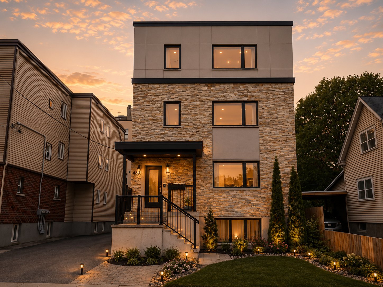 480 Nelson building exterior at dusk, Sandy Hill Ottawa