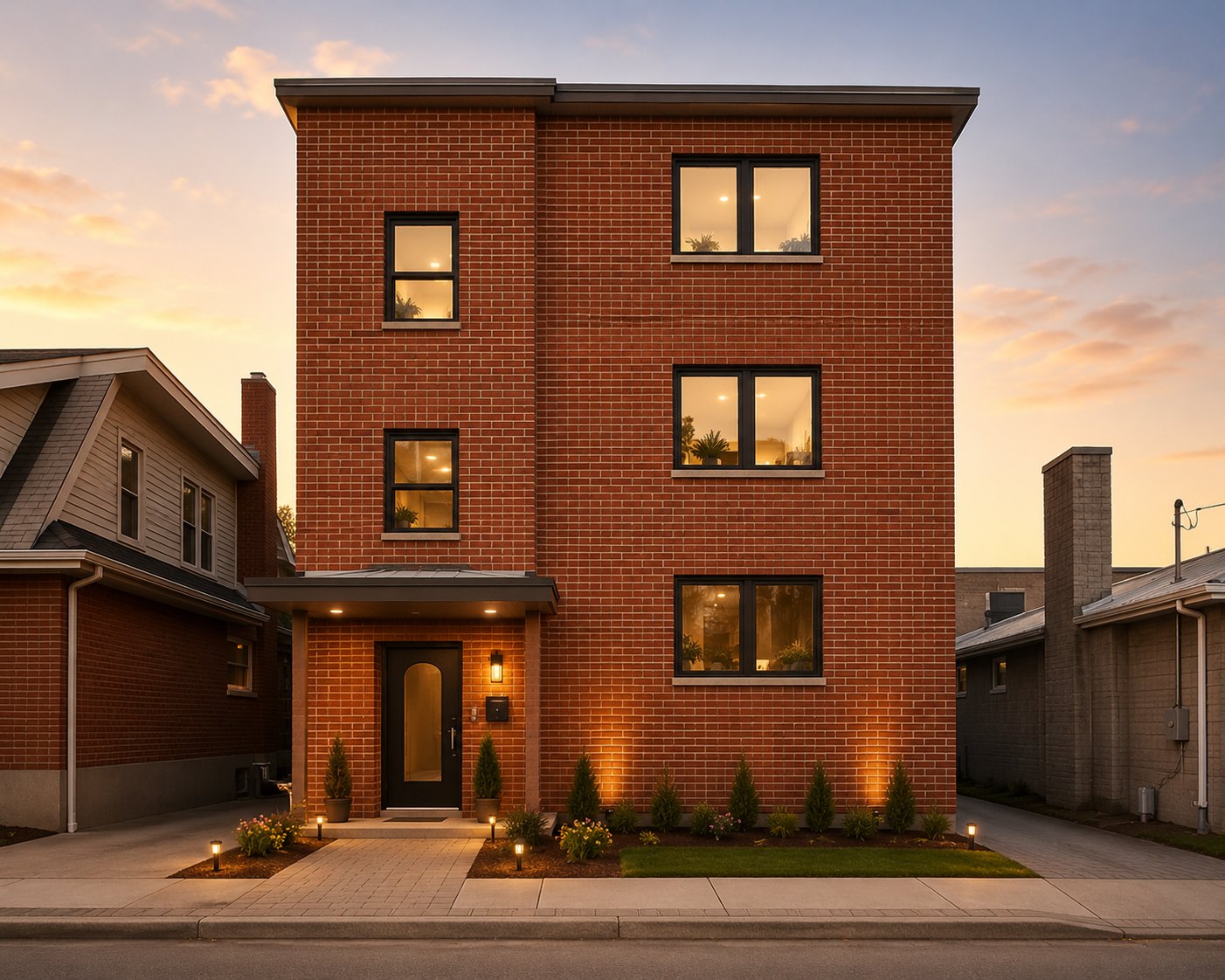 52 Ontario brick building exterior at dusk, Overbrook Ottawa